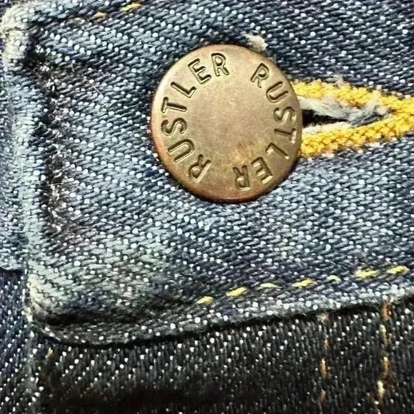 Vintage 90s Patched Rustler Dark Wash Denim Jeans Made in USA Size 28x25 - Picture 8 of 12